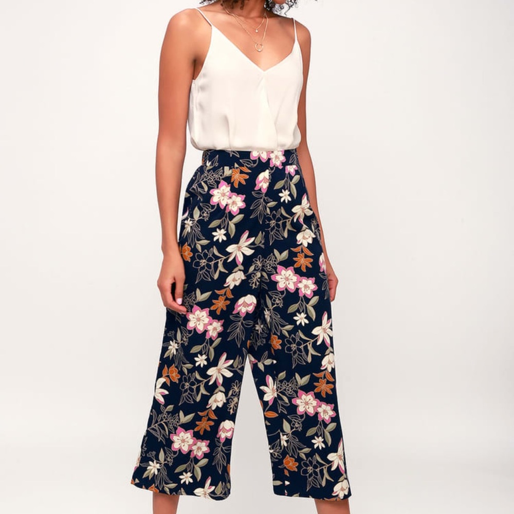 Navy Blue Floral Print Culottes
